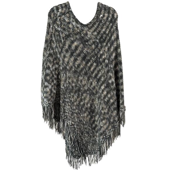 Avenue Women's Plus Size Black Gold Silver Fringe Knit Poncho One Size Plus - Picture 2 of 4